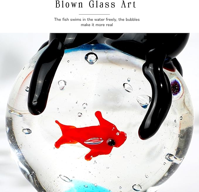 QFkris Blown Glass Black Cat Figurine, 1.6“ Mini Glass Animals Sculpture, Cat and Fish Art Collectible Figurines for Home Decor, Gift for Mom Cat-Lover Birthday