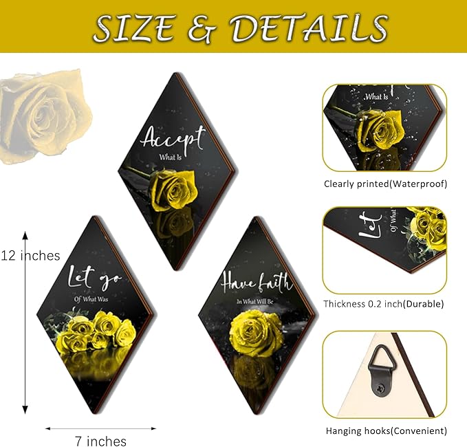 3 Pcs Yellow Rose Bathroom Wall Decor Flower Yellow Decor Inspirational Wooden Wall Art Office Wall Decor with Accept Let Go Have Faith Sign for Girl Women Bathroom Living Room Bedroom(yellow 12 x 7")