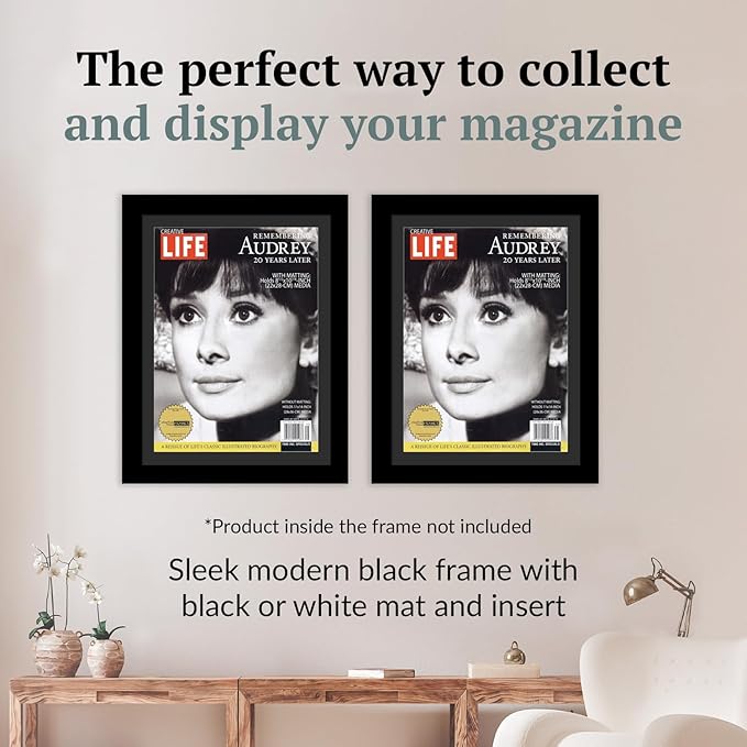 Creative Picture Frames 8.5 x 10.87 Magazine Frame with Full-Strength Glass, Holds Up To A 1/4" Thick Media with Installed Hangers for Easy Mounting, 11x14 Manhattan Black Frame with Black Mat