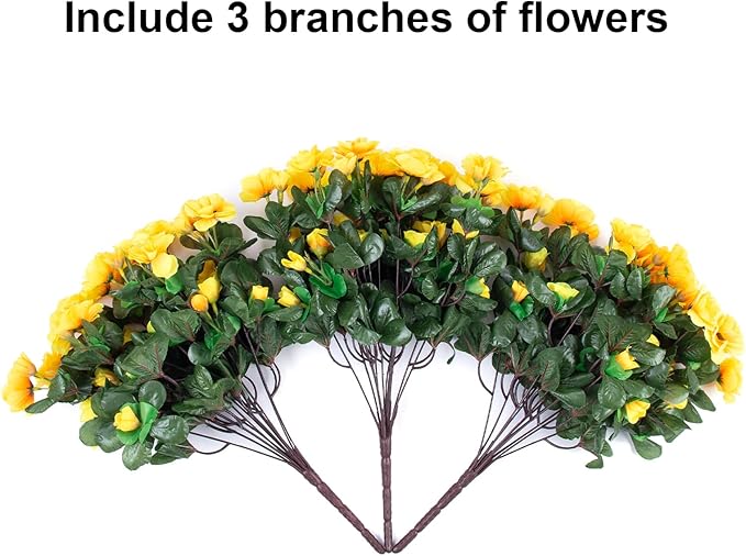 HyeFlora Artificial Fake Flowers Plants for Spring Outdoor Outside Decor, Faux Silk Yellow Camellia UV Resistant Realistic for Planter Front Door Porch Patio Balcony Decoration, 3 Large Bundles