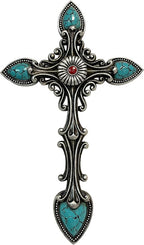 De Leon Collections 14230 Vintage Ornate Antique Turquoise and Silver Tone 15.5 Inch Polyresin Southwestern Decorative Home Décor Hanging Sculpture Wall Cross
