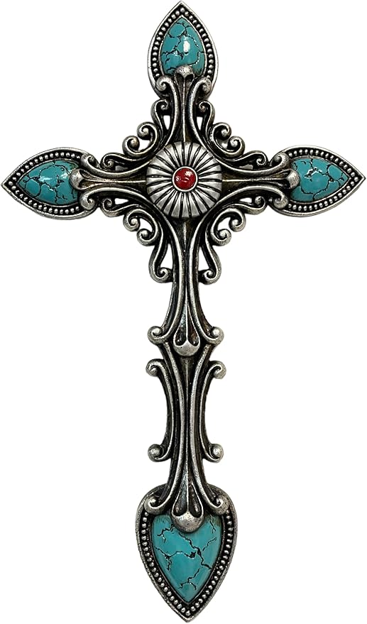 De Leon Collections 14230 Vintage Ornate Antique Turquoise and Silver Tone 15.5 Inch Polyresin Southwestern Decorative Home Décor Hanging Sculpture Wall Cross