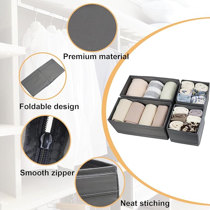 Washable Cloth Drawer Organizer, Set of 4 Foldable Sock Dresser Drawer Organizers Storage Boxes, Fabric Storage Boxes Closet Cabinet Organizer for Clothes (Gray, 2M+2S)