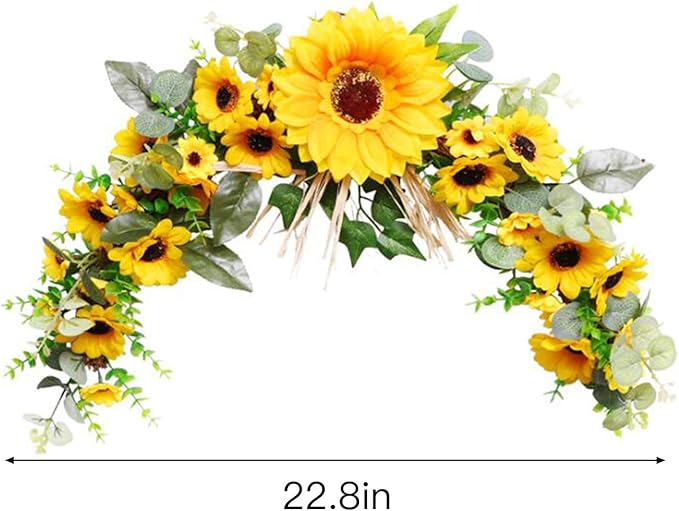 Artificial Sunflower Swag, 22.8inch Decorative Sunflowers Swag Wreath with Greenery Leaves for Mirror Home Wedding Party Door Tabletop Decoration