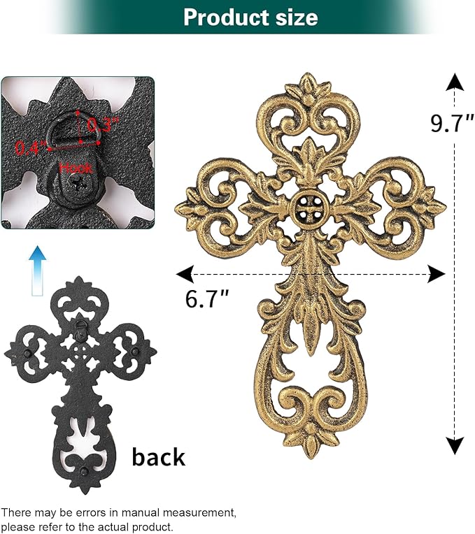 Sungmor Vintage Cast Iron Cross Wall Decor, 9.8" Tall Heavy Duty Rustic Gold Finish Wall Sculpture,Ornate Metal Art Farmhouse Home Decor