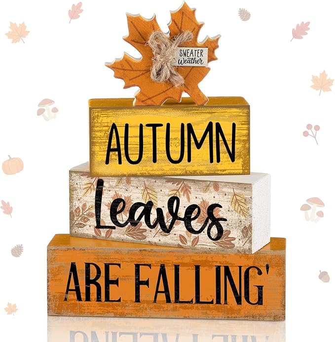 Lineshading 4 Pcs Fall Decoration for Home Wooden Maple Leaf Thanksgiving Table Centerpiece Rustic Thanksgiving Tiered Tray Decor Decorative Autumn Leaves Block Sign Farmhouse Autumn Decor for Kitchen