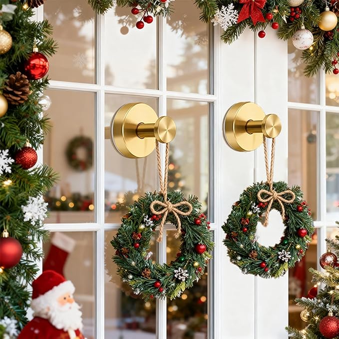 Gold Wreath-Hanger, Strong Stainless Steel Suction-Cup-Wreath-Hooks, 2 Pack Wreath-Door-Hanger Fall Halloween Christmas Decorations, Welcome Sign for Front Door Indoor Outdoor, Reusable Holder