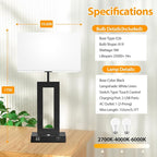 Kondras Set of 2 Table Lamps for Bedrooms, 3-Color Temperatures Touch Control Bedside Lamps with 2 USB Ports&AC Outlet, Stepless Dimmable Living Room Lamps for Nightstand, Bulbs Included, White&Black