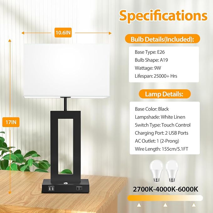 Kondras Set of 2 Table Lamps for Bedrooms, 3-Color Temperatures Touch Control Bedside Lamps with 2 USB Ports&AC Outlet, Stepless Dimmable Living Room Lamps for Nightstand, Bulbs Included, White&Black