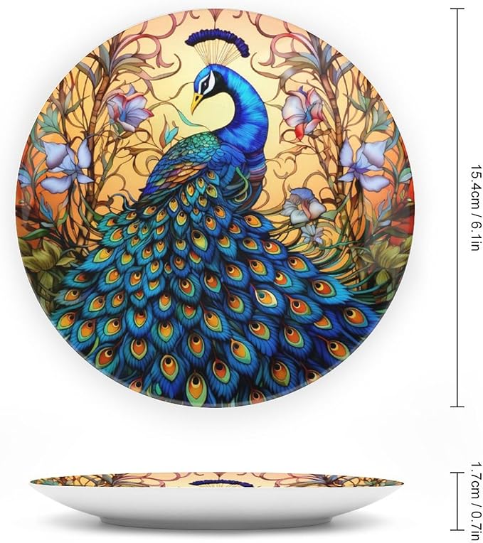 Decorative Plates, Stained Glass Design Peacock & Flower Display Plate for Home Office Kitchen Table Decor Porcelain Plates 6 Inch, Gifts for Peacocks Lover