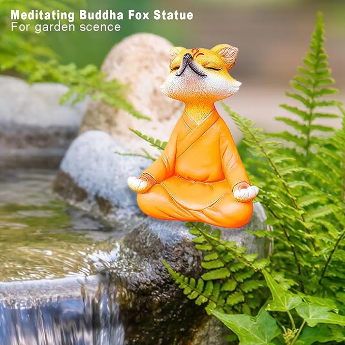Orange Resin Meditating Fox Statue, Zen Yoga Figurine, Feng Shui Decor for Desktop Bookshelf Indoor Outdoor Plants Home Garden, Spiritual Gifts for Yoga & Meditation Lovers