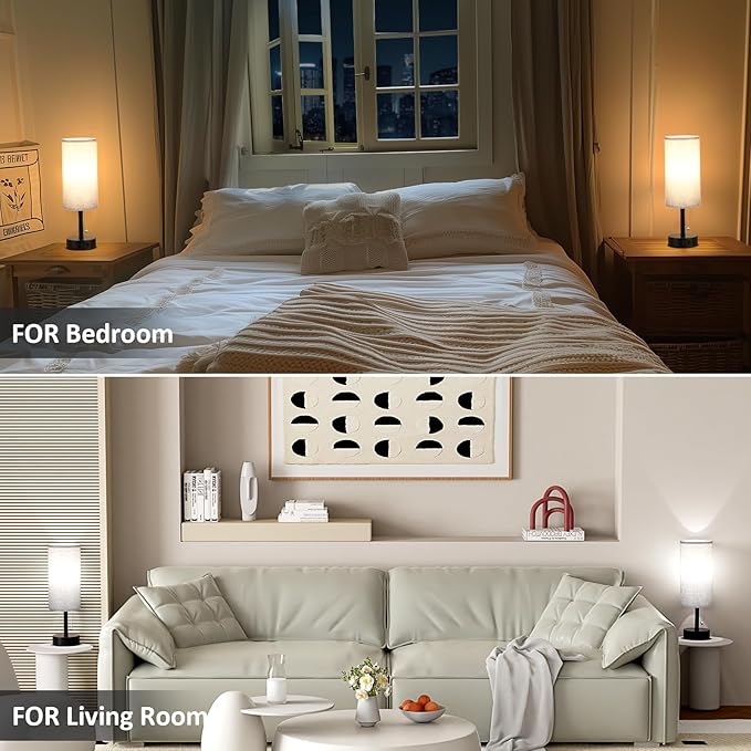 Fenmzee Grey Bedside Table Lamps Set of 2-3 Color Temperatures Pull Chain Lamp with AC Outlet Charging Port, Round Night Stand Lamps for Bedroom Office, Small Bed Side Light with E26 LED Bulbs