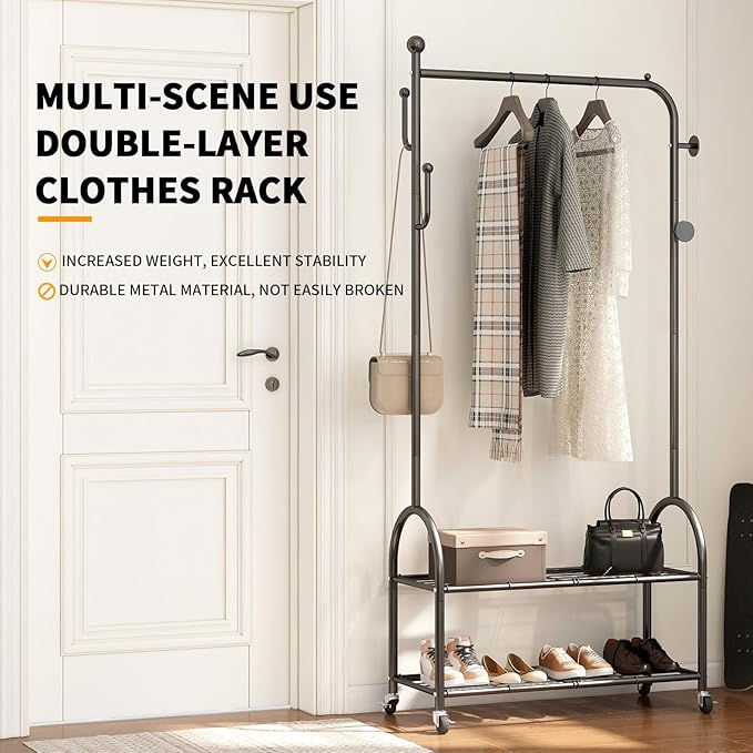 Heavy Duty Double-Layer Garment Rack with Lockable Casters, 200LBS Capacity Carbon Steel Free-Standing Clothes Rack for Bedroom, Entryway, Living Room, Laundry Room