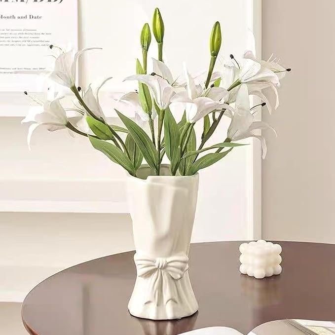 White Flower Vase for Home Decor, White Ceramic Vases for Boho Style, Bow Decor, 9.3 Inch Flower Vases for Bouquet, Large Vase for Ideal Shelf Decor/Table. (Large)