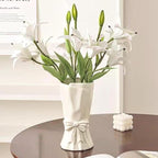 White Flower Vase for Home Decor, White Ceramic Vases for Boho Style, Bow Decor, 9.3 Inch Flower Vases for Bouquet, Large Vase for Ideal Shelf Decor/Table. (Large)