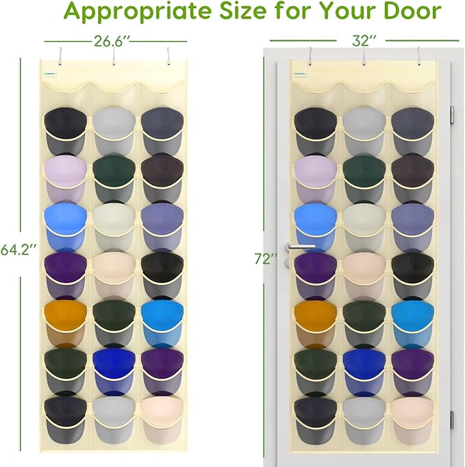 Unjumbly Baseball Hat Rack, 24 Pocket Over-The-Door Hat Organizer with Clear Deep Pockets to Display Baseball Caps Collection, Complete with 3 Over Door Hooks (Beige, 24 Pockets)