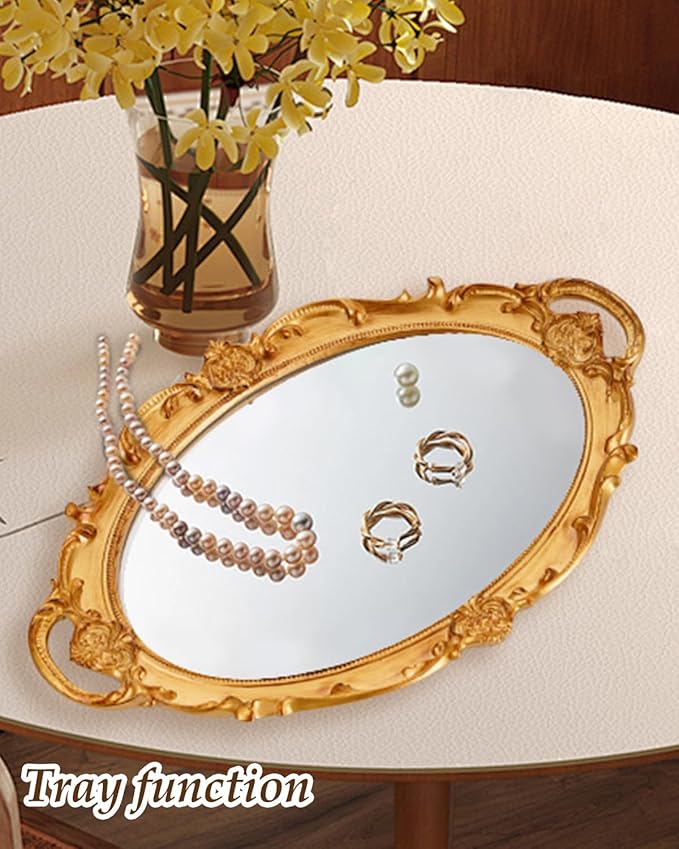 XPXKJ Gold Mirror Tray Vintage Vanity Tray for Dresser Perfume Storage Decorative Mirrored Glass Tray Coquette Room Decor, Bedroom, Bathroom Oval Antique Serving Makeup Organizer