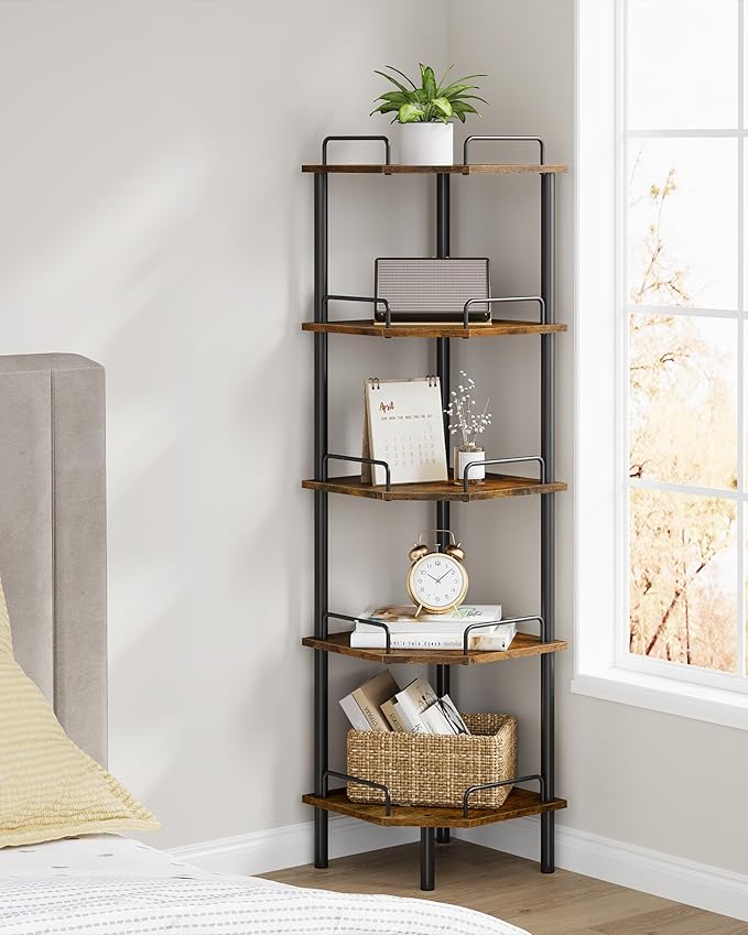 Tajsoon Corner Shelf Stand, 5 Tier Industrial Corner Shelves, Multipurpose Standing Display Shelf, Corner Shelving Unit for Bedroom, Living Room, Office, Kitchen, Rustic Brown