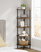Tajsoon Corner Shelf Stand, 5 Tier Industrial Corner Shelves, Multipurpose Standing Display Shelf, Corner Shelving Unit for Bedroom, Living Room, Office, Kitchen, Rustic Brown