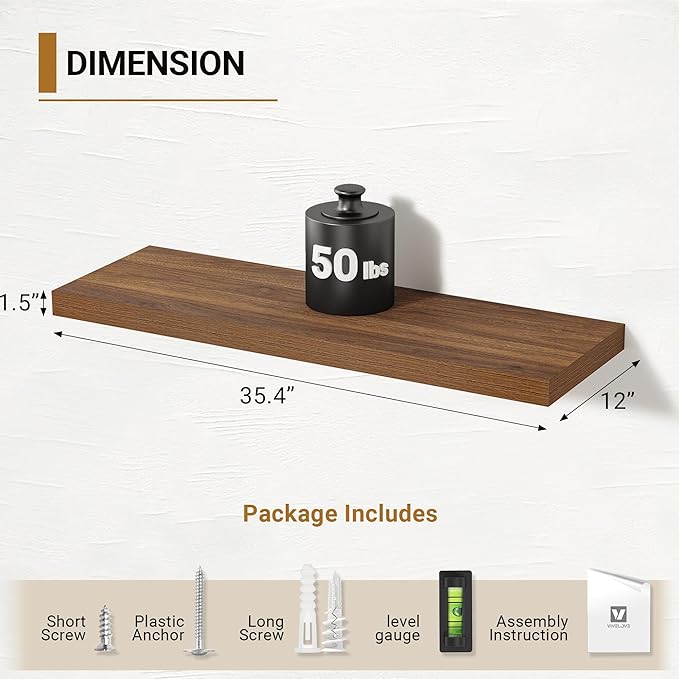 Vivelove Floating Shelves for Wall 12 Inch Deep, 36" X 12" X 1.5" Floating Shelf, 2 Inch Thick Shelf for Living Room Bedroom Kitchen Office, Rustic Farmhouse Decor Set of 2, Walnut