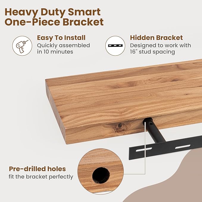 Floating Shelves for Wall Decor, 8" Deep Rustic Solid Elm Wood Floating Shelves Wall Mounted, Wall Shelves with Invisible Bracket for Living Room Bathroom Bedroom Kitchen, 20 Inch Set of 2, Natural