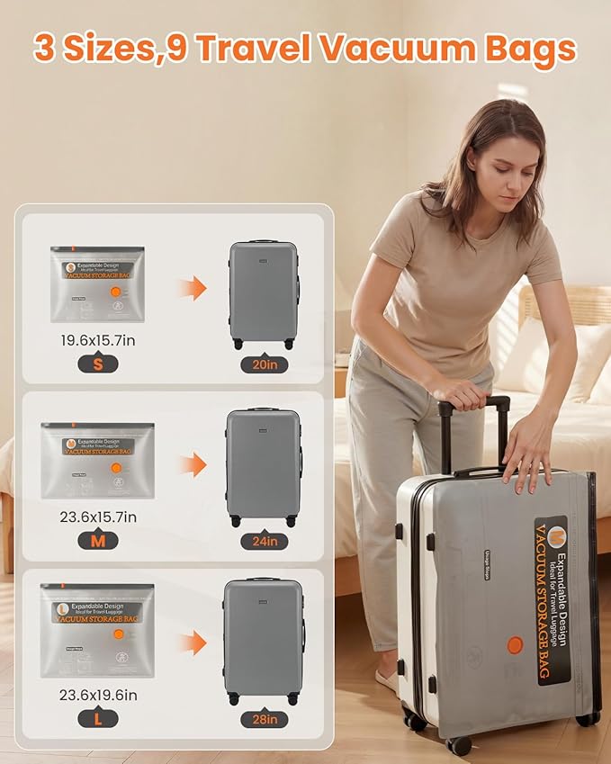 Travel Vacuum Bags for Clothing with Rechargeable Electric Pump, 9 Pack Compression Packing Storage Bags for Luggage and Suitcase, Space Saver Seal Bags for Cruise and Vacation