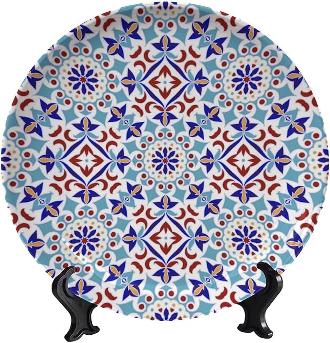 Turkish Decorative Plate Holder, 6 Inch, Colorful Pattern Turkish Round Display Plate, Home Wobble-Plate with Display Stand, Ceramic Craft for Wall Hanging Decorative