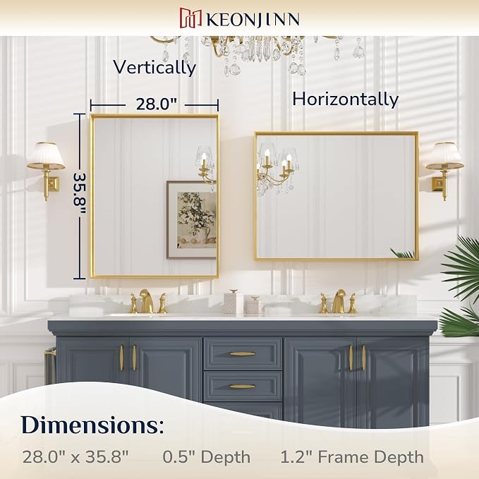 Keonjinn Gold Bathroom Vanity Mirror 28” x 36” Rectangular Wall Mirror Brushed Metal Frame Rectangle Bathroom Mirror for Over Sink Modern Farmhouse Square Corner Framed Mirror(Horizontal/Vertical)