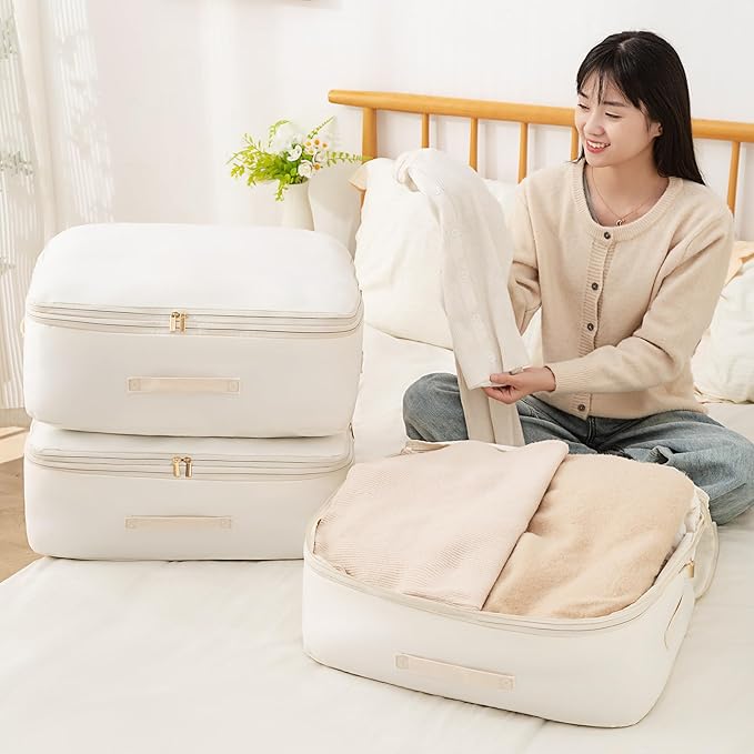 Ultra Space Saving Self Compression Organizer, Comforter Storage Bag for Clothes, Blankets, Pillows, Duvet, Comforters, Bedding Sets and Much More (Blue,L - 54 * 42 * 30cm)
