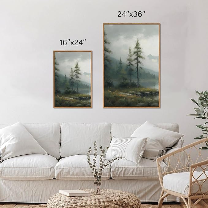 SIGNINART Large Green Forest Framed Canvas Wall Art Set, Misty Mountain Lake Wall Decor, Modern Foggy Wood Landscape Artwork, Nature Oil Painting Art Print for Living Room, Bedroom, Office 24"x36"x3