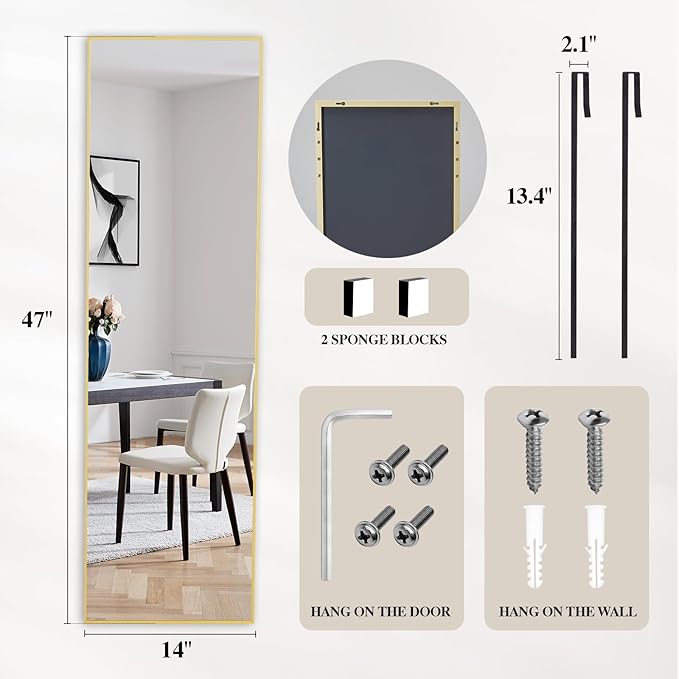 DUMOS 47x14 Inch Full Length Mirror Over the Door, Wall Mounted Full Body Mirror, Door Hanging Metal Aluminum Alloy Frame Dressing Mirrors for Bedroom, Living Room, Entryway, Gold