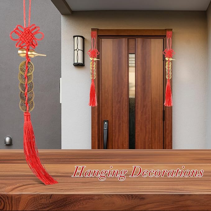 2PCS Chinese Knot Tassel, Feng Shui Good Luck Charms, Metal Gourd with 5 Coins Good Luck Gifts, Bring Wealth, Health and Peaceful for Cars, Furniture, Bags, Homes, and Offices