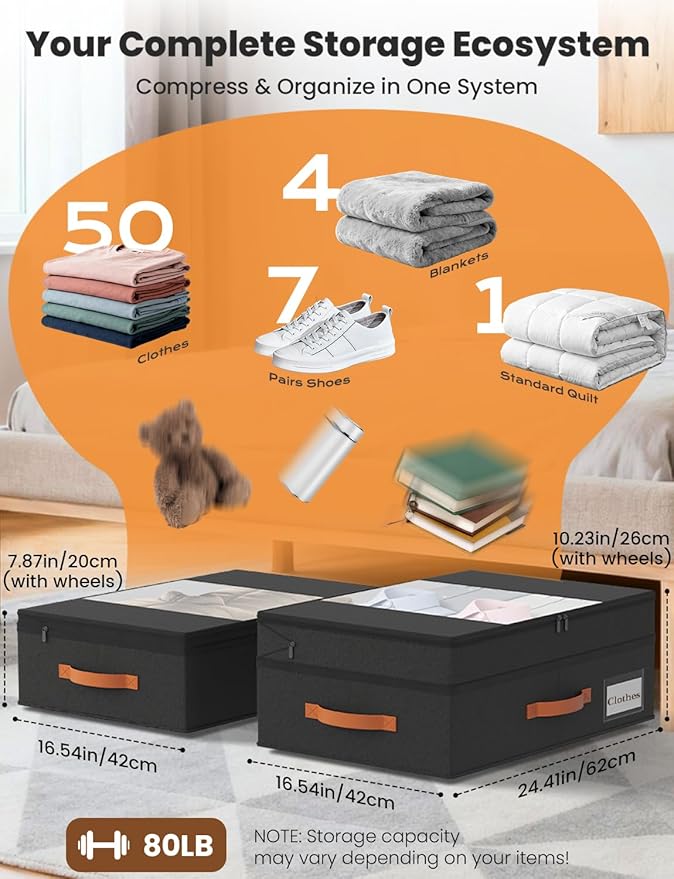 2-Pack Under Bed Storage with Wheels and 6 Vacuum Seal Bags, Adjustable Height 7.9"-10.2",Heavy Duty Capacity,Clear Lid Organizer for Dorm Bedroom Clothes Shoes Books,Quick Assembly Space Saver，Black