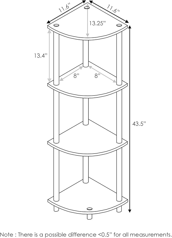 Furinno TURN-N-TUBE Corner Shelf, 4-Tier Corner Bookshelf, Display Storage Shelves with Open Shelves, for Organization and Storage, Living Room, Home Office, Garage, Espresso