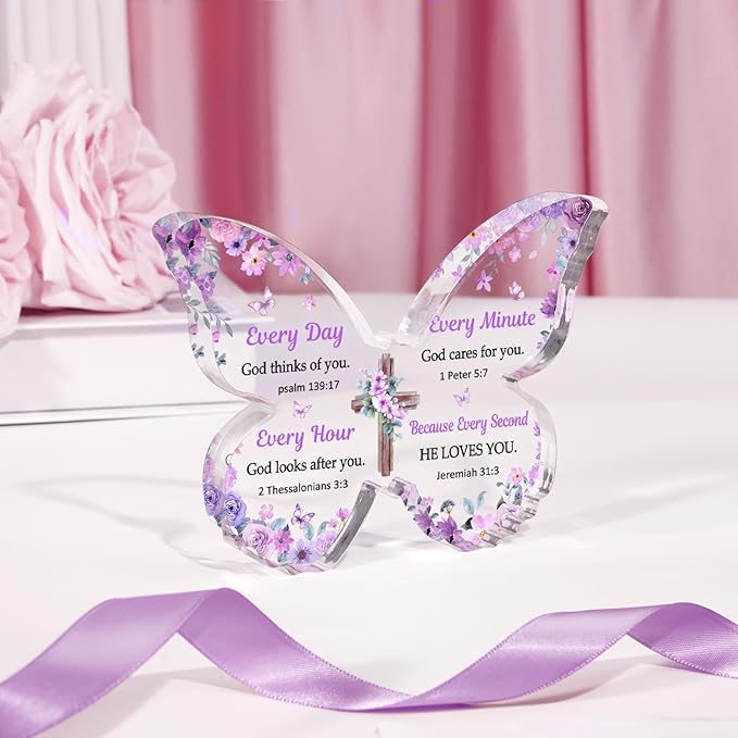 Christian Gifts for Women Faith, Butterfly Acrylic Plaque Decoration, Birthday Gifts for Women, Spiritual Present for Female Friend Family, Office Desk Decor for Woman, 5x3.8x0.5 Inch - Purple