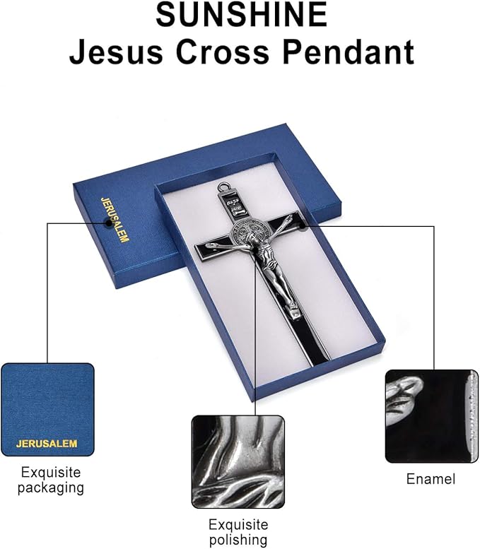 Wellcho Black Enamel Crucifix Wall Cross -Saint Benedict Metal Wall Art-7 Inch Cross Give Blessing and The Spiritual Sacred:Faith Gift for your Acquaintances