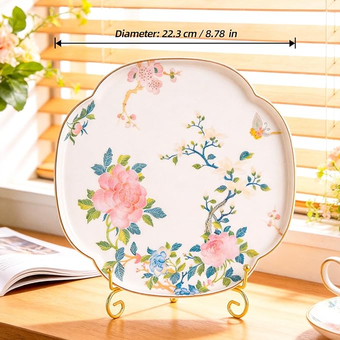 KAMMAK Ceramic Decorative Plate, Porcelain Plates for Kitchen Dining Room Wine Cabinet Home Decor, Vintage Collector Plates with 1 Display Stand, Four-Leaf Clover - Peony