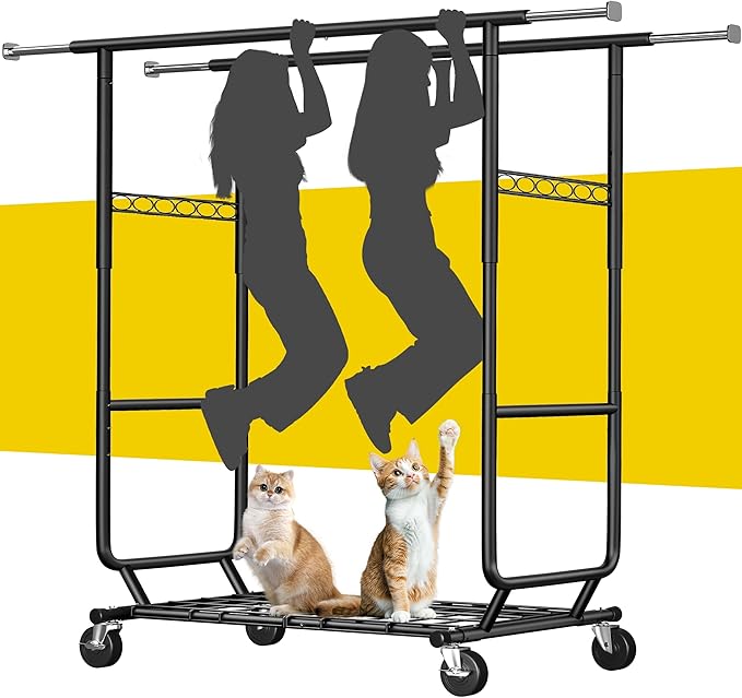 Raybee Clothes Rack Load 630LBS, Heavy Duty Clothes Rack, Rolling Clothing Racks for Hanging Clothes with Wheels, Adjustable & Commercial Garment Rack, 22" D x 75" W x 68" H, Black