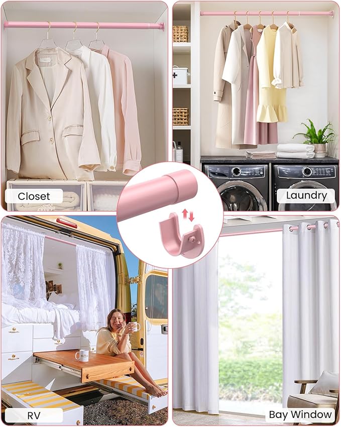 Closet Rods for Hanging Clothes, 17 to 54 Inches Stepless Adjustable Metal Closet Rod, 1.3 Inches Heavy Duty Clothes Hanging Rod for Closet Wardrobes Laundry RV, Pink