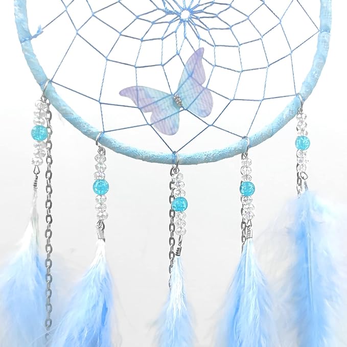 Blue Butterflies Dream Catcher Handmade Colorful Feather Dream Catchers Wall Decoration for Girls Kids ，Beautiful Wall Art. Great Decoration for Bedroom,Baby Tent,Sitting Room,Balcony,Party.