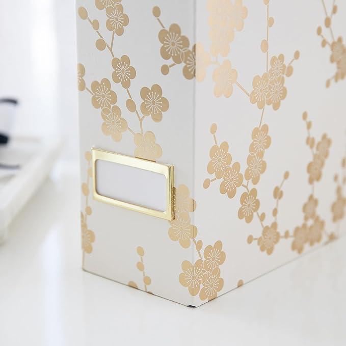 BLU MONACO | Set of 4 Foldable Magazine Storage Boxes with Gold Floral Pattern | Decorative Vertical File Organizers with Gold Label Holders for Desk, Shelves & Home Office