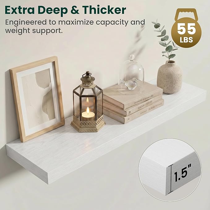 Floating Shelves for Wall 40 in x 9.3 in Deep, Wall Mounted Rustic Wood Shelf with Invisible Brackets for Storage & Display, Living Room Bedroom Bathroom, White, 2 Pack