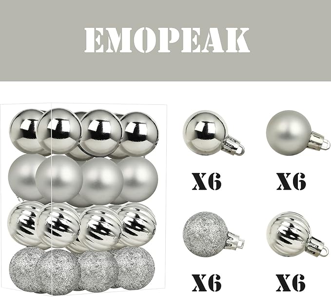 Emopeak 24Pcs Christmas Balls Ornaments for Xmas Christmas Tree - 4 Style Shatterproof Christmas Tree Decorations Hanging Ball for Holiday Wedding Party Decoration (Silver, 1.3"/3.2CM)