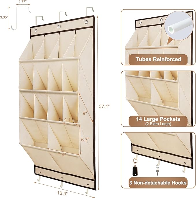 FENTEC 2 Pack Over the Door Shoe Organizer, Hanging Shoe Organizer, 28 Large Deep Pockets Door Shoe Rack with 6 Hooks Shoe Organizer for Shoes, Sneakers, and Home Accessories, Beige