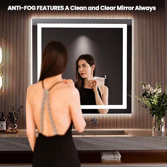 LOAAO 36"x34" LED Bathroom Mirror with Lights, Anti-Fog, Dimmable, Backlit + Front Lit, Lighted Bathroom Vanity Mirror for Wall, Memory Function