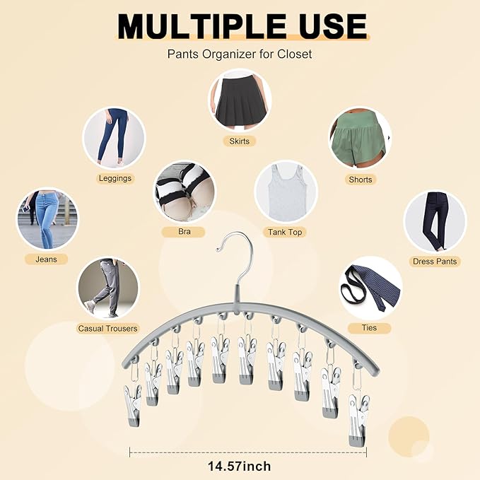 Legging Organizer for Closet, Metal Yoga Pants Hanger w/Rubber Coated 4 Pack w/10 Clips Hold 40 Leggings, Hangers Space Saving Hanging for Closet Organizers and Storage-Gray