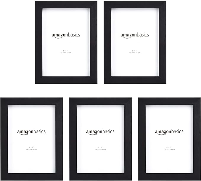 Amazon Basics Rectangular Photo Picture Frame, 5" x 7", Pack of 5, 8.31 x 6.30 inches, Black