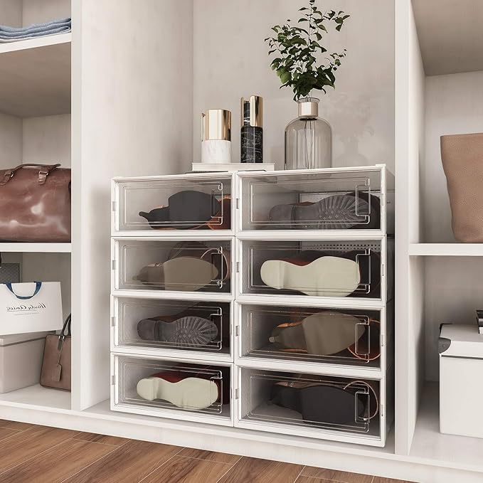 PARANTA 4-Piece Boot and Shoe Storage Box, Stackable Clear Plastic Shoe Box, Space-Saving Shoe Organizer for Boots, Sneakers, and High Heels, Clear