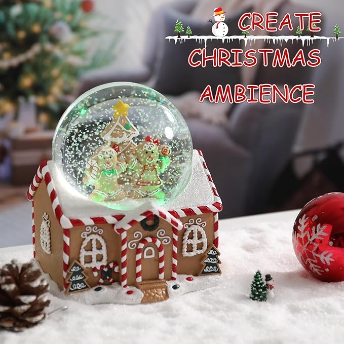 Vipush Christmas Snow Globe - Gingerbread Man Musical Snow Globe with Color Changing Led Lights, Christmas Decorations with Music Box Gifts for Girls Kids, Dog Decorations for Christmas & Birthday