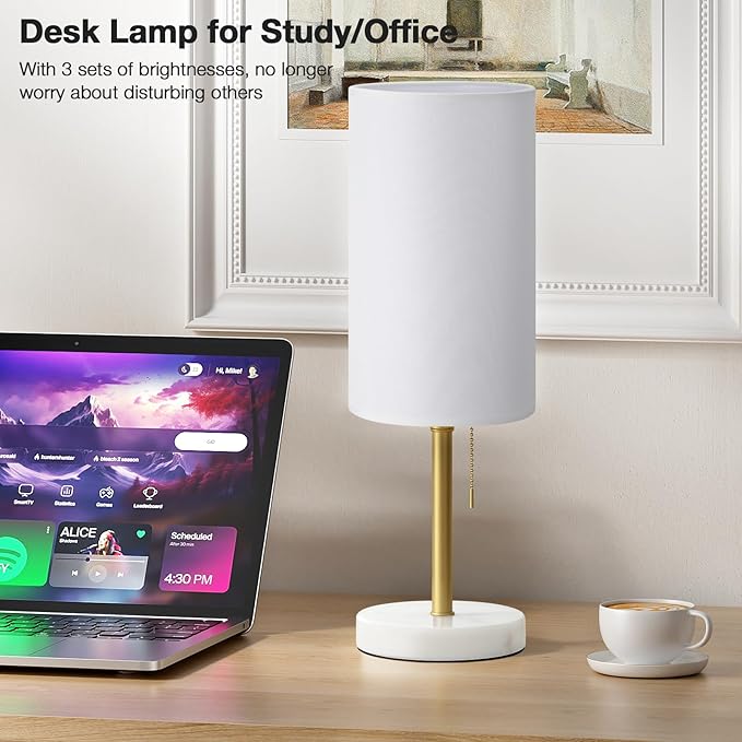 Dicoool Tall Bedside Table lamp for Bedroom - Luxury Marble Base & 3 Color Temperatures Bedside Lamps, Pull Chain Gold Table Lamps, White Nightstand Lamps for Living Room/Guest Room